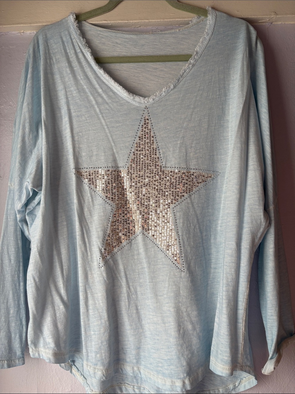 Light Blue Long-Sleeve Women's Top with Sequin Star